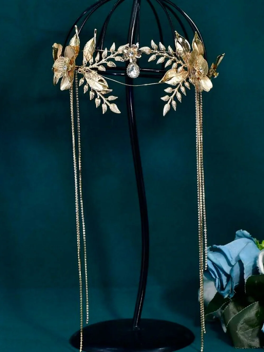 Bohemian Style Gold Long Tassel Bride Forehead Band Alloy Leaf Wedding Hair Acce